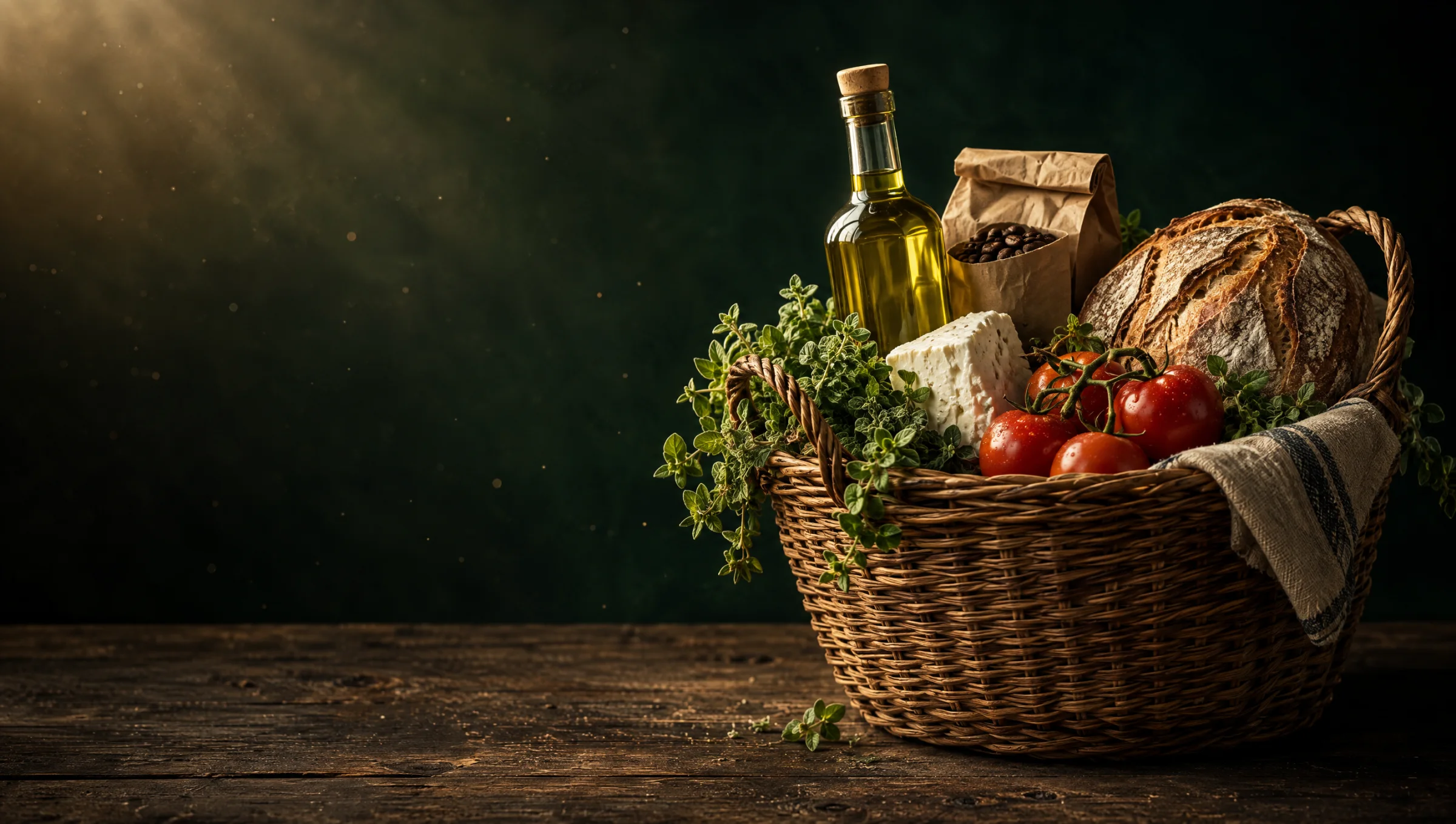 Ψάθινο καλάθι με ελαιόλαδο, καφέ, φέτα, ψωμί, ντομάτες και ρίγανη