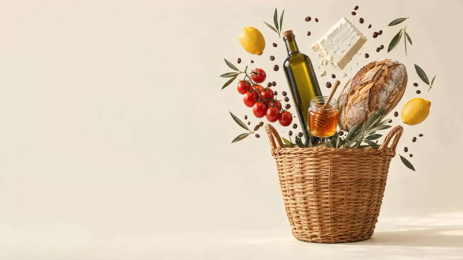 Ελληνικά ψώνια αιωρούνται πάνω από ένα ψάθινο καλάθι: ελαιόλαδο, φέτα, ψωμί, ντομάτες, λεμόνια, μέλι